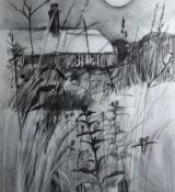 ROY OSTLE, WELSH SCHOOL; Pencil and charcoal - night study of rural cottage through foliage, signed,