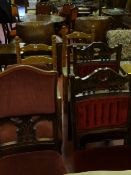 Four late 19th/early 20th Century dining chairs of various designs and with cushion backs;
