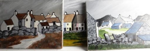 DEWI MORGAN; Three unframed oil on canvas - Welsh cottage scenes each signed with initials and two