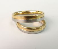 PAIR WEDDING BANDS; Each of half platinum and half rose gold design, the smaller inset with singular
