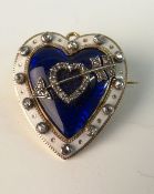 VICTORIAN SWEETHEART BROOCH; With central blue enamel and applied diamond set pierced heart and