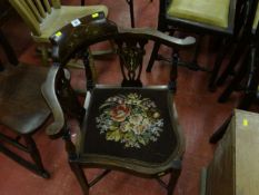 An Edwardian inlaid corner chair with tapestry squab