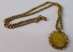 A SOVEREIGN PENDANT NECKLACE; George V bust, 1913 in yellow metal mount and on gold (9ct) rolo