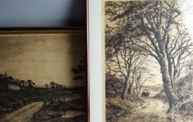 After FRED SLOCOMBE; two etchings of pastoral scenes with figures and horse and cart, 16.5 x 21.25