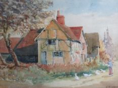 LOUISA M WATTS (1849-1914); Watercolour - rural scene with lady on lane beside a cottage, signed,