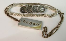 A GROUP OF SILVER JEWELLERY; 1977 Jubilee ingot on rolo link chain, curb link bracelet and a