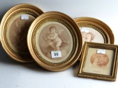 After BARTOLOZZI; three etchings in oval frames of cherubs and classical figures; and another