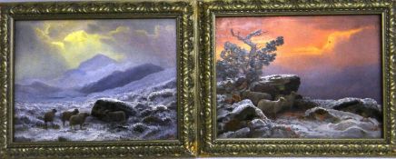 THOMAS FINCHETT; Pair oil on boards - studies of sheep in snowy landscapes at Moel Siabod and near