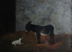 LATE 19TH CENTURY SCHOOL; Oil on canvas - friendly donkey and dog in a shed, 14 x 19 ins (35 x 49