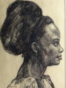 ROY OSTLE, WELSH SCHOOL; Charcoal - profile portrait of an African lady, signed, 15 x 11 ins (38 x