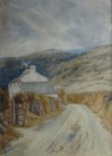 WELSH SCHOOL; Watercolour - country lane with farmstead and hills behind, indistinctly signed, 13.