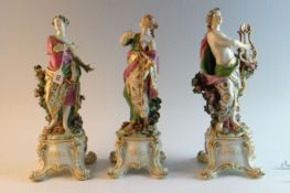 Three early Derby figurines of the Three Muses, each figurine 12 ins (30 cms) high, on scrolled base