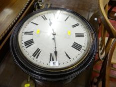 A 19th Century circular wall clock with white painted dial, Roman numerals and single fusee movement