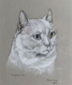 MARJORIE COX (1915 - 2003); Pastel - study of a pussy cat `SNOW`, signed and dated 1956. 9 x 8.25
