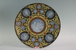 A pair of neo-classical style chargers with blue and white enamel roundels depicting classical