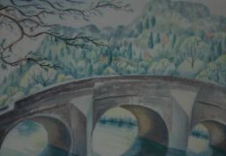 MERYL WATTS (1910 - 1992); river scene with triple arch bridge (possibly Maentwrog) and