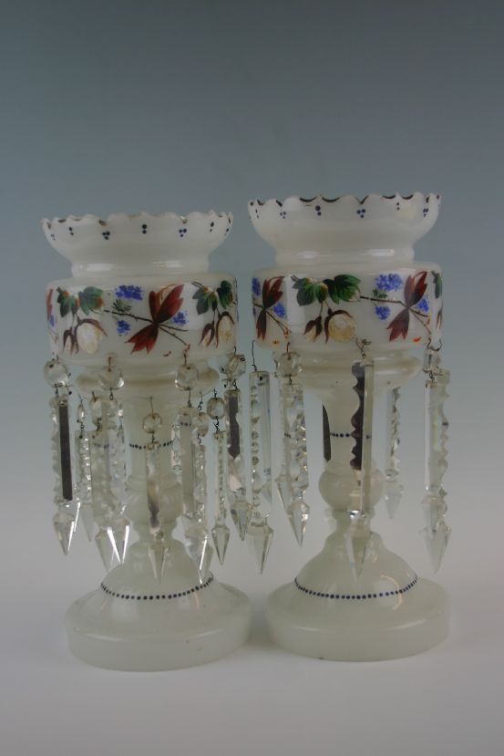 A near pair of Victorian opaque glass table lustres with floral banded decoration 15in s (38cm)