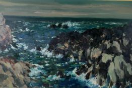 GYRTH RUSSELL (1892-1971); coastal view at sunset with waves breaking on the rocky shore, oil on