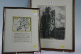 Group of four nineteenth century and later prints; comprising - hand coloured etching entitled `
