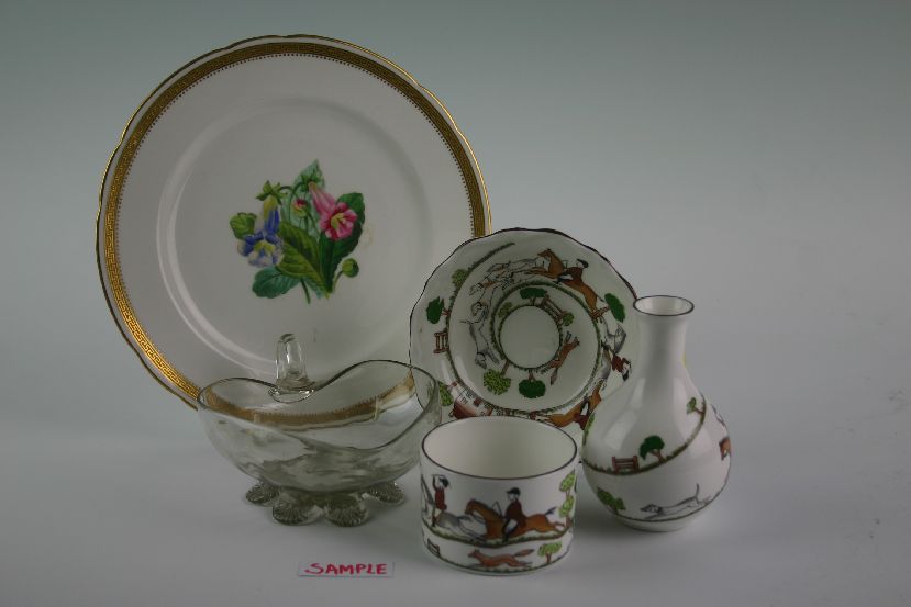 A selection of china and glassware including two pieces of Wedgwood `Hunting Scenes` pattern