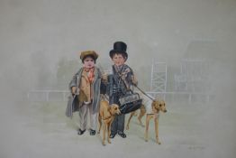 S RIPLEY; `DOGGIE NEVER OWES` caricature of two young chaps in their finery at the races with