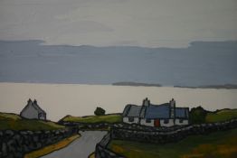 DAVID BARNES; `West Coast of Anglesey`, with cottages, oil on canvas, 11 x 15.75 ins (28 x 40 cms)