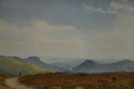 F E MURRAY, NINETEENTH CENTURY; Highland scene with cattle and figures and the coast to