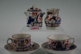 A group of Gaudy Welsh `Oyster` pattern teaware including a rare twin handled lidded sucrier,
