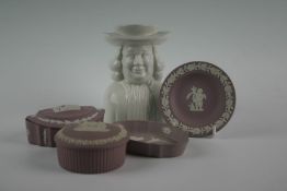 A group of Wedgwood lavender Jasperware including circular trinket box with lid, scalloped oval
