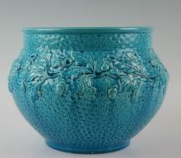 A Victorian Staffordshire faience jardiniere of turquoise glaze and with acorn and leaf banded