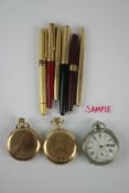 Three early 20th Century pocket watches; and a collection of writing pens