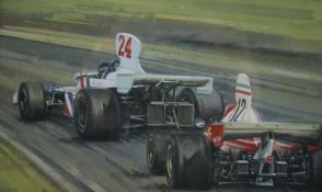 JOHN L CHAPMAN (b. 1947); `James Hunt and Niki Lauder - Belgian Grand Prix 1976`, gouache, signed
