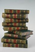9 volumes (1-10 excluding 2) of Byron`s work 1879. Green leather cloth with gilt tooled spines