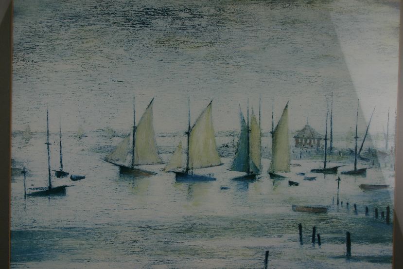 AFTER L.S LOWRY (1887-1976); `YACHTS AT LYTHAM`, coloured print, framed, mounted and glazed, 18.5