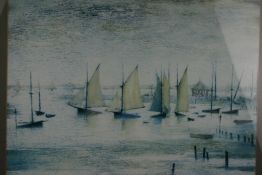 AFTER L.S LOWRY (1887-1976); `YACHTS AT LYTHAM`, coloured print, framed, mounted and glazed, 18.5