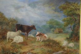 H KEY, NINETEENTH CENTURY; cattle and sheep grazing, possibly on Bredon Hill, Worcestershire,