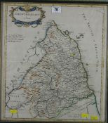 AFTER ROBERT MORDEN; coloured and tinted map of Northumberland, 16.5 x 14.75 ins (41 cm x 37.5 cm)