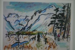 ISHBEL McWHIRTER (b. 1927); mountainous landscape with people to foreground, coloured limited