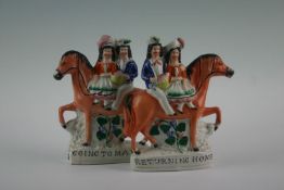 A pair of Staffordshire mounted groups entitled `Returning Home` and `Going to Market`