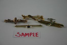 Victorian gold (15ct) half seed pearl and turquoise bar brooch of the revival style, Edwardian