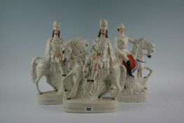 A pair of Staffordshire equestrian `Bonnie Prince Charlie` models; and an equestrian model of Sir