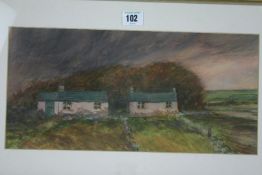 GLEN SELDON; two dwellings nestled in the North Wales landscape at dusk, watercolour, signed, framed