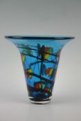 A contemporary Murano glass vase with splayed neck and of blue black colour with polychrome fish