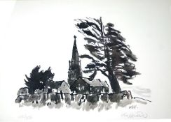 SIR KYFFIN WILLIAMS RA; Monochrome limited edition 105 /250 print - Llanedwen Church, signed in