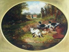 JOHN FREDERICK HERRING Jnr (1815 - 1907); Oil on canvas - `DUCKS AND DRAKES`, charming scene with