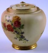 An early 19th Century Royal Worcester blush bulbous circular jar with removable lid and decorated