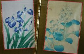 ORIENTAL, MID TWENTIETH CENTURY; Pair coloured woodblock prints - still-life flower studies, signed.