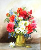DOREEN CHIHA (OF BENLLECH BAY); Watercolour - still-life of flowers in brass jug, signed. 17.25 x