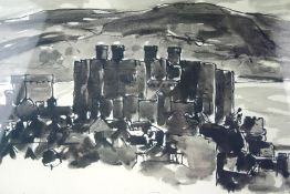 SIR KYFFIN WILLIAMS RA; Monochrome limited edition 334/500 print - Conwy Castle, signed in pencil 16