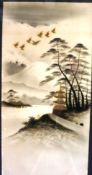 JAPANESE, EARLY TWENTIETH CENTURY; Ink and gilding - landscape study with pagoda at water`s edge,